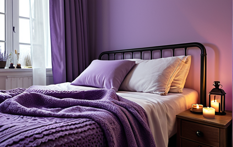 A serene bedroom scene with blackout curtains, soft lighting from a lavender-scented candle, and a cozy blanket on a comfortable bed, creating the perfect "tupplurszon" for a relaxing nap.