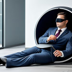 A professional adult in a modest business suit, gently resting in a modern, quiet office nap pod. The individual has an eye mask on and appears peaceful, symbolizing cognitive recovery and reduced sleep pressure. The environment is serene, dimly lit, and tidy, suggesting an optimized space for quick rejuvenation. Fully clothed, appropriate attire, professional dress, safe for work, appropriate content, perfect anatomy, correct proportions, well-formed hands, proper finger count, natural body proportions, natural pose, high quality professional photography, crisp focus.