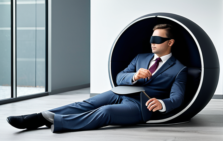 A professional adult in a modest business suit, gently resting in a modern, quiet office nap pod. The individual has an eye mask on and appears peaceful, symbolizing cognitive recovery and reduced sleep pressure. The environment is serene, dimly lit, and tidy, suggesting an optimized space for quick rejuvenation. Fully clothed, appropriate attire, professional dress, safe for work, appropriate content, perfect anatomy, correct proportions, well-formed hands, proper finger count, natural body proportions, natural pose, high quality professional photography, crisp focus.