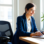 A professional businesswoman in a modest, dark blue blazer and light blouse, sitting upright in a comfortable, ergonomic chair in a sunlit home office. She has just awakened from a brief rest, looking refreshed and experiencing a moment of creative insight, a subtle smile playing on her lips. Her posture is natural, hinting at renewed energy. The background features a neat desk with a laptop and a few green plants, suggesting a calm and productive environment. Natural light streams in through a window. Professional photography, high detail, perfect anatomy, well-formed hands, proper finger count, natural body proportions, fully clothed, modest clothing, appropriate attire, professional dress, safe for work, appropriate content, family-friendly.