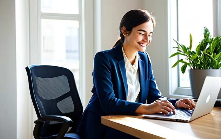 A professional businesswoman in a modest, dark blue blazer and light blouse, sitting upright in a comfortable, ergonomic chair in a sunlit home office. She has just awakened from a brief rest, looking refreshed and experiencing a moment of creative insight, a subtle smile playing on her lips. Her posture is natural, hinting at renewed energy. The background features a neat desk with a laptop and a few green plants, suggesting a calm and productive environment. Natural light streams in through a window. Professional photography, high detail, perfect anatomy, well-formed hands, proper finger count, natural body proportions, fully clothed, modest clothing, appropriate attire, professional dress, safe for work, appropriate content, family-friendly.