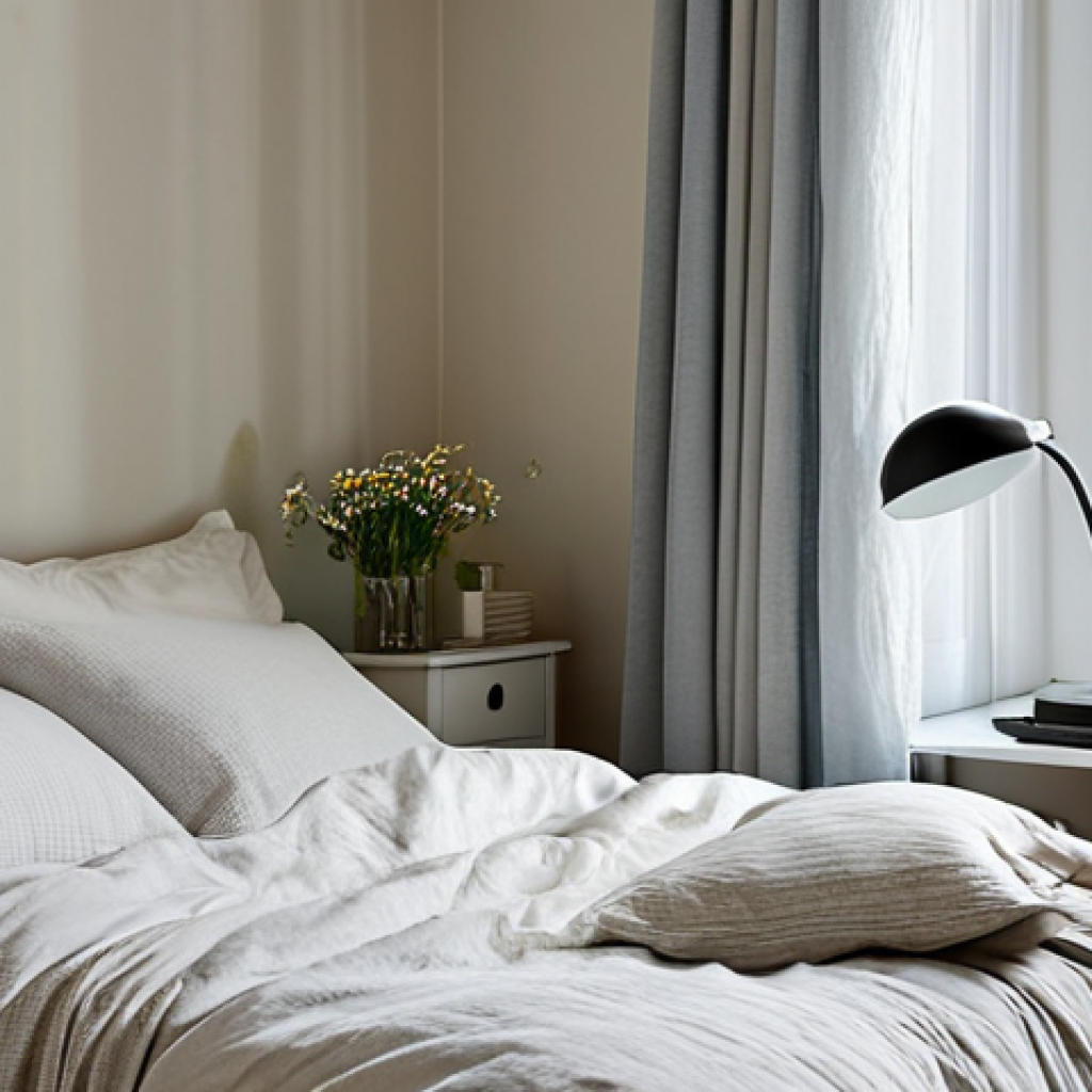 Peaceful Bedroom Scene**
"A cozy Swedish bedroom, bathed in soft morning light filtering through sheer curtains. A neatly made bed with a light-colored duvet and several fluffy pillows. A bedside table with a lamp and a small vase of wildflowers. Mörkläggningsgardiner slightly open. safe for work, appropriate content, fully clothed (bedding), professional photography, perfect anatomy (implied, no people), natural proportions (room), professional, modest."
**