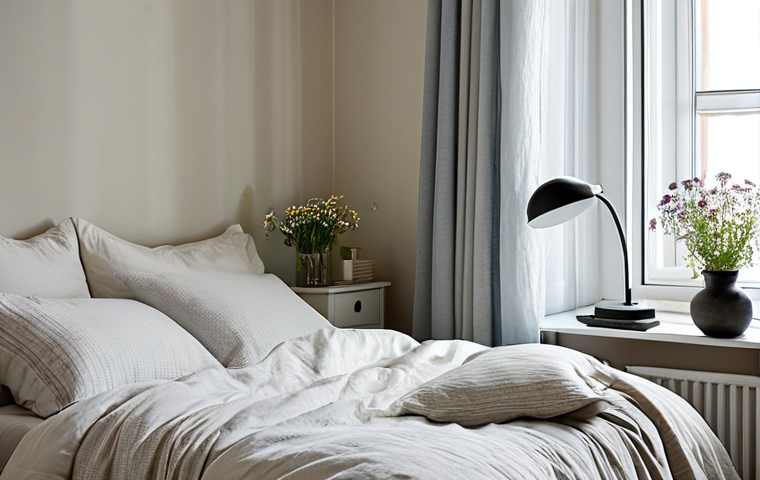 Peaceful Bedroom Scene**
"A cozy Swedish bedroom, bathed in soft morning light filtering through sheer curtains. A neatly made bed with a light-colored duvet and several fluffy pillows. A bedside table with a lamp and a small vase of wildflowers. Mörkläggningsgardiner slightly open. safe for work, appropriate content, fully clothed (bedding), professional photography, perfect anatomy (implied, no people), natural proportions (room), professional, modest."
**
