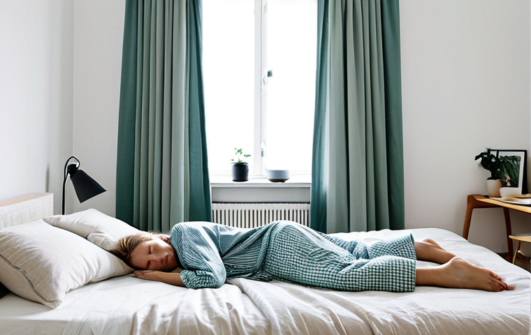 낮잠을 위한 최적의 장소 추천 - Cozy Bedroom Nap**
"A brightly lit, modern Swedish bedroom, featuring a woman fully clothed in comf...