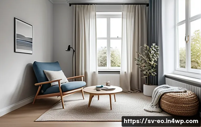 낮잠을 잘 자는 환경 만들기 - A cozy Scandinavian-style living room designed for optimal relaxation and napping, featuring dimmabl...
