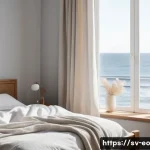 Home 20 낮잠을 도와주는 간단한 호흡법 - A serene bedroom scene designed for a Swedish nap environment: a cozy, dimly lit room with soft neut...