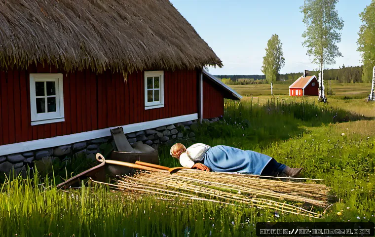낮잠의 역사와 문화적 배경 - Photorealistic 19th-century Swedish rural summer scene, a linen-clad farm worker resting peacefully ...