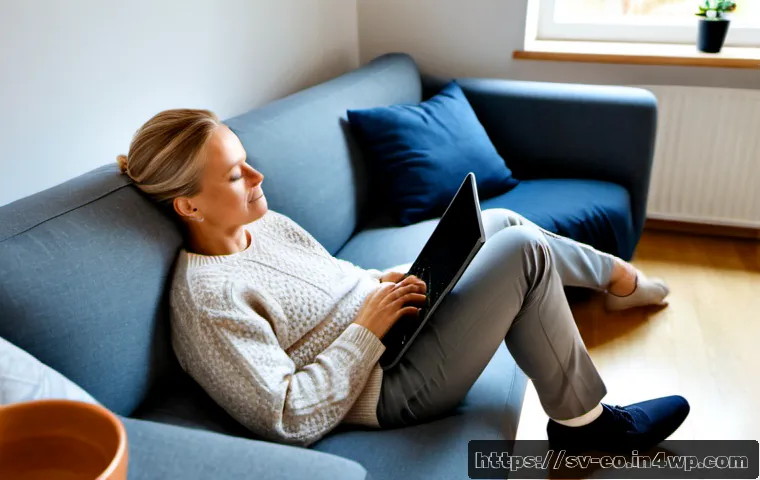 Home 17 낮잠을 통해 일과 삶의 균형 찾기 - Photorealistic Scandinavian home office in Sweden, a relaxed middle-aged professional taking a brief...